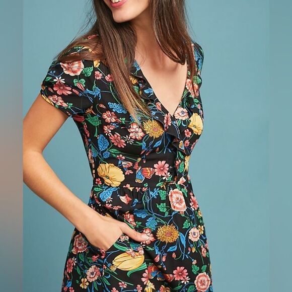 Maeve Anthropologie Floral Dress Black Fit Flare Pockets Size 6 Rayon - Picture 9 of 9